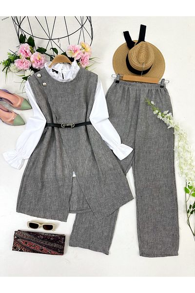 YEDİLALE Belted Bamboo Linen Triple Set