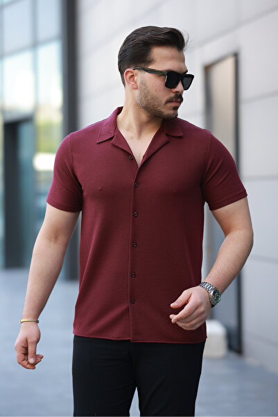 SALTİMORE Apaş Yaka Bordo Waffle Kumaş Relax Fit Kısa Kollu Rahat Kesim Gömlek