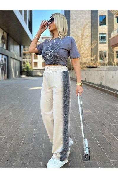 Kokoşum Butik 7164 Side Stone Trousers Cream
