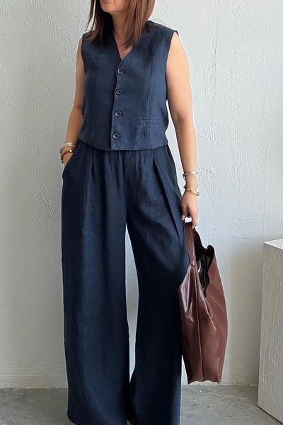 Suzi Women 100% Linen Vest Pants Suit Cr4005
