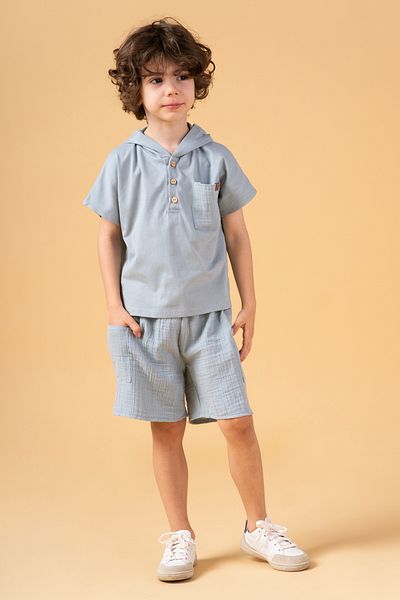 Minipodyum Boy's Hooded Muslin Shorts Summer Double Set