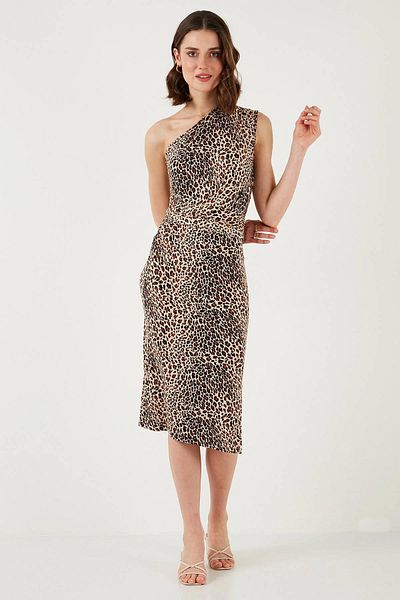 TENA Rochie de damă din țesătură din viscoză, cu un singur umăr, cu talie leopard