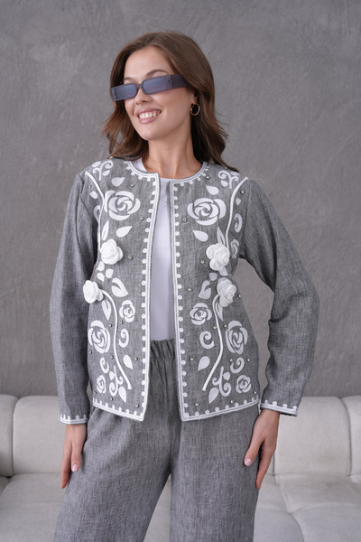 Miss Allos Women's Front Embroidered Rose Flower and Stone Detailed Linen Jacket and Trousers Bottom Top Set