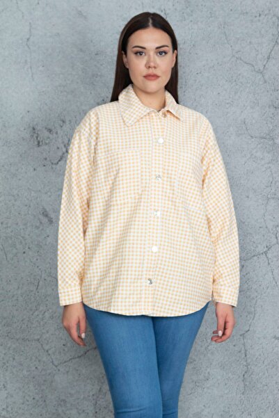 Şans Women's Large Size Yellow Gabardine Fabric Metal Buttoned Unlined Shirt Coat 65n20518