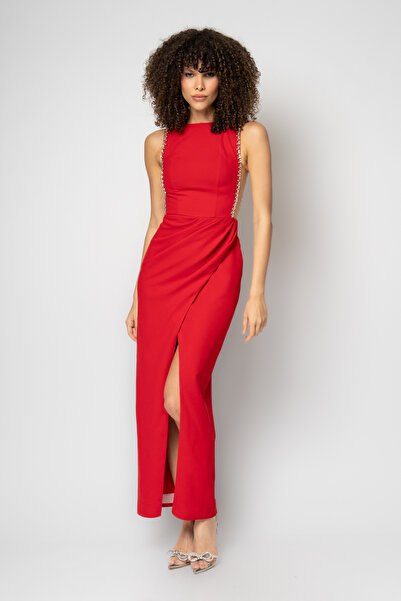 RENGIN Kol altı tül dekolteli sıra taşlı krep abiye elbise