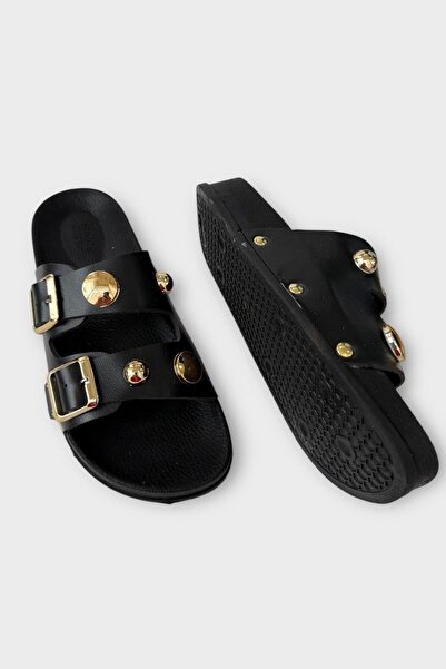 Liger Papuci de damă cu cataramă cu bandă dublă, confort zilnic, NEGRI