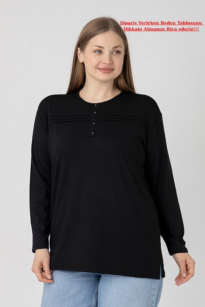 Orly More Viscose Fabric Mini Slit Plus Size Long Sleeve Mother Combed Cotton Blouse with Collar and Button Detail