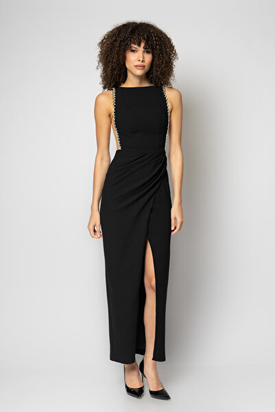 RENGIN Kol altı tül dekolteli sıra taşlı krep abiye elbise