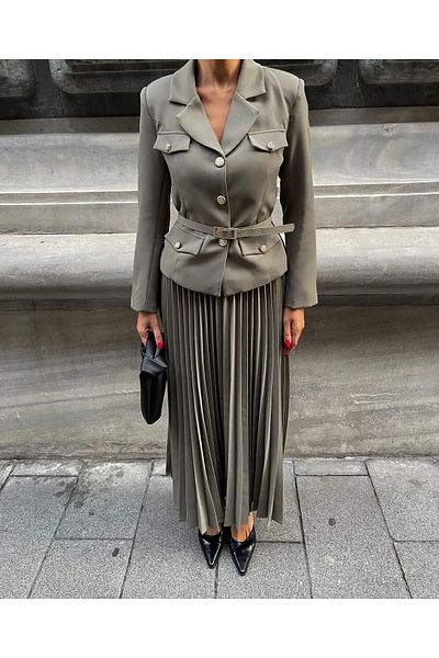 MYGİYİMİSTANBUL Elizabeth Gold Belted - Buttoned Blazer Jacket and Pleated Long Skirt Set