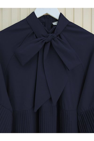 Modamorfo Laced Collar, Sleeves and Pleated Skirt Tunic - Navy
