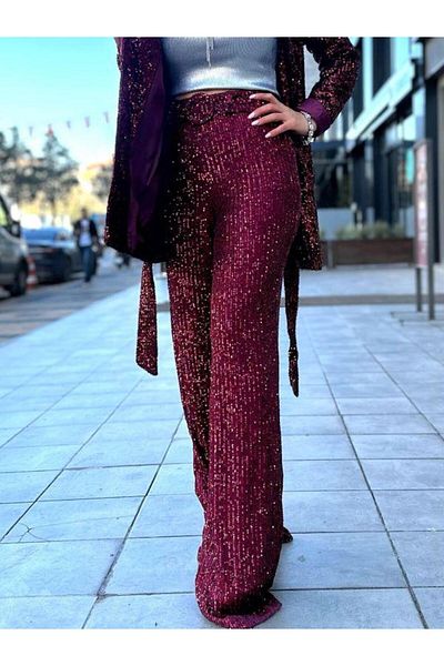 Kokoşum Butik 5518 Belted Sequin Trousers Claret Red