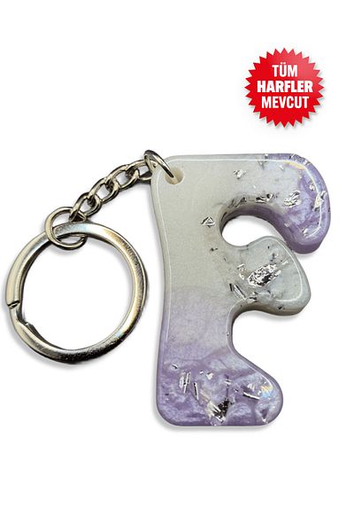 BİZİMSÜS F Letter Marble Pattern Lilac Keychain - Gift Keychain - Epoxy