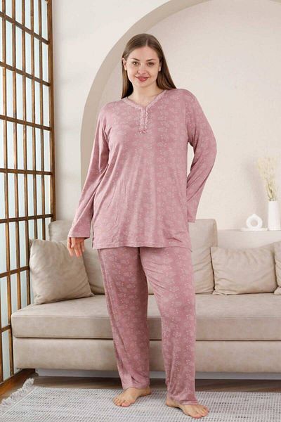 ALİMER Plus Size Pajama Set - Dried Rose Flower Pattern Long Sleeve Lycra Viscose 2851Uyb