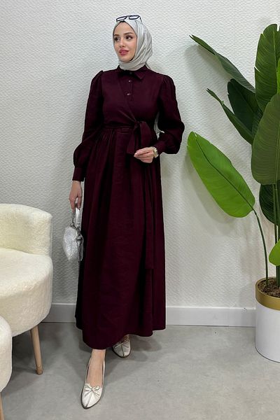 Tesettür Diyarı Asymmetrical Tie Summer Fabric Dress - Burgundy