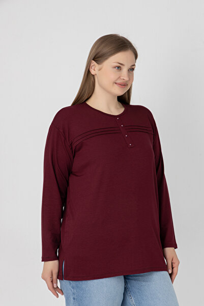 Orly More Viscose Fabric Mini Slit Plus Size Long Sleeve Mother Combed Cotton Blouse with Collar and Button Detail