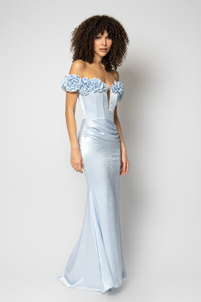 RENGIN Robası çiçek bantlı göğsü kesik dekolteli abiye elbise