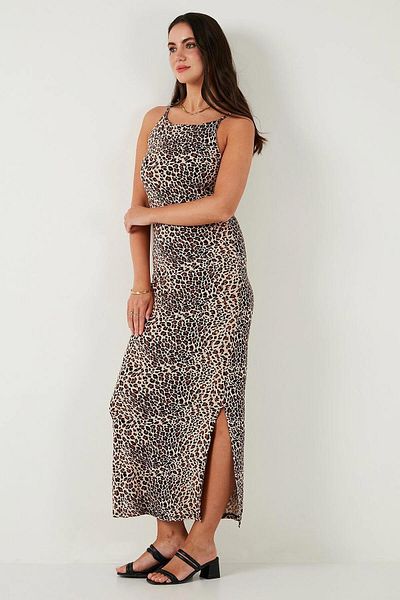 TENA Rochie lungă din viscoză din lycra cu bretele leopard pentru femei