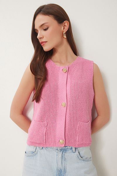 Lovelyİstanbul Stylish Buttoned Knitwear Vest Pink Lus0127