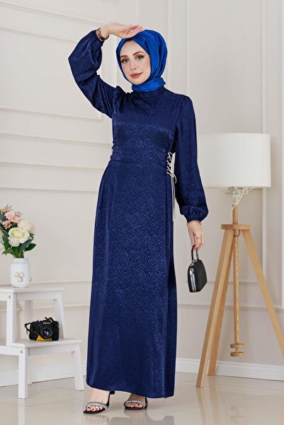 Sevitli Βραδινό φόρεμα Buse Side Lace Satin-Navy Blue