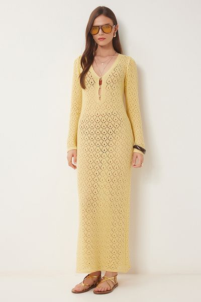 Lovelyİstanbul Rochie tricotaj de vară ajurata cu mărgele GALBEN LKİ0029