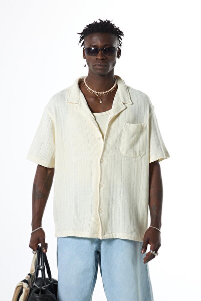 VAMOSCLO Оверсайз късоръкавна плетена риза с джобове, цвят екрю