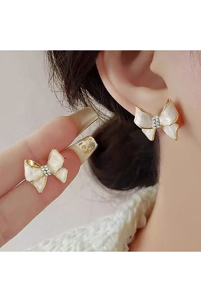 HDCreativeDesign 1 Pair Chic White Enamel Bow Earrings with Crystal Accents - Gold Tone Stainless Steel Earrings