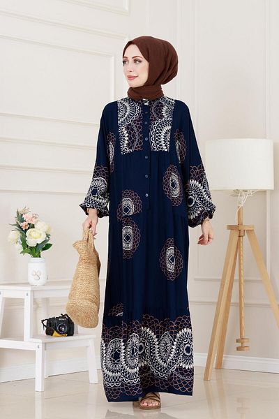 Sevitli Nare Dress with Bat Sleeve Robe - Navy Blue