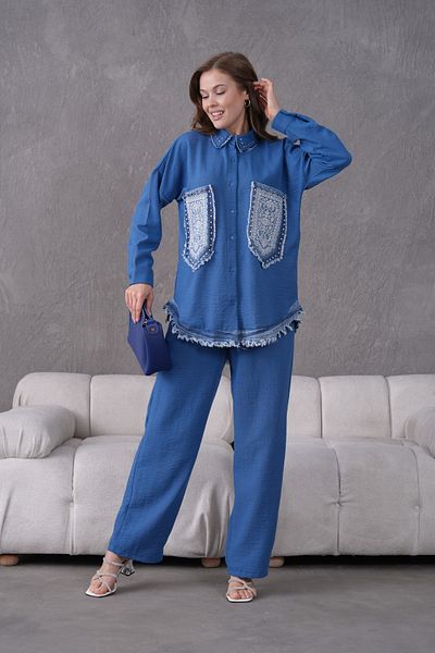 Miss Allos Women's Front Pocket Embroidered Pearl and Stone Embroidered Denim Detailed Linen Shirt and Pants Bottom Top Set