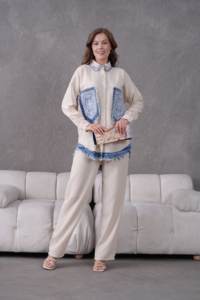 Miss Allos Women's Front Pocket Embroidered Pearl and Stone Embroidered Denim Detailed Linen Shirt and Pants Bottom Top Set