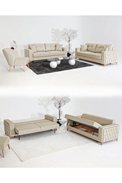 Velura Home & Living Nola Koltuk Takımı 3+3+1+1 & Bazalı Yataklı Koltuk & Kan...