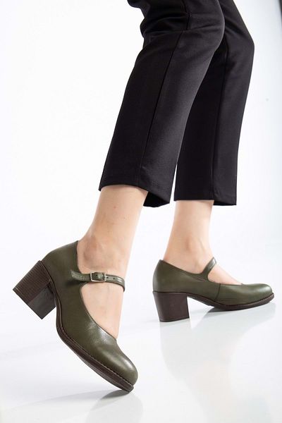 ANALİN SHOES Pantofi cu toc cu curea din piele de măsline închis pentru femei