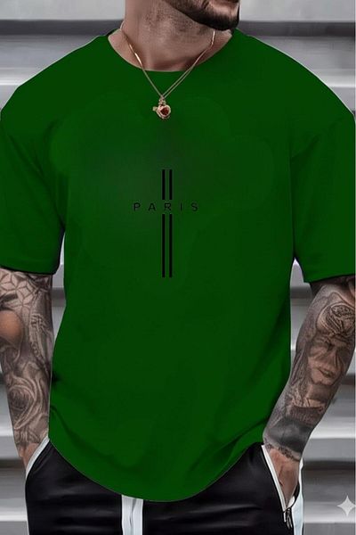 stg spor toptan giyim Men's Green Striped Paris Printed Oversize Tshirt