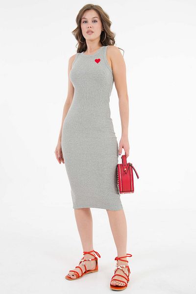 Saade Gray Crew Neck Heart Printed Ribbed Bodycon Knitted Midi Dress