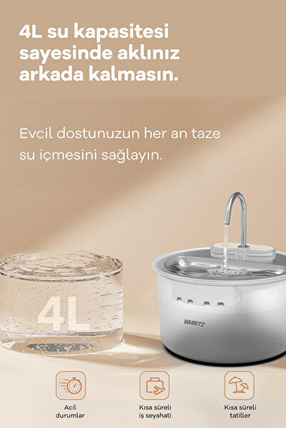 Whirtz Evcil Hayvan 4 Litre Akıllı Su Kabı - Uygulama üzeri kontrol, Wifi, UV