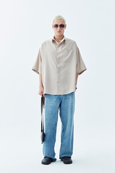 VAMOSCLO Oversize Single Pocket Short Sleeve Linen Shirt Beige