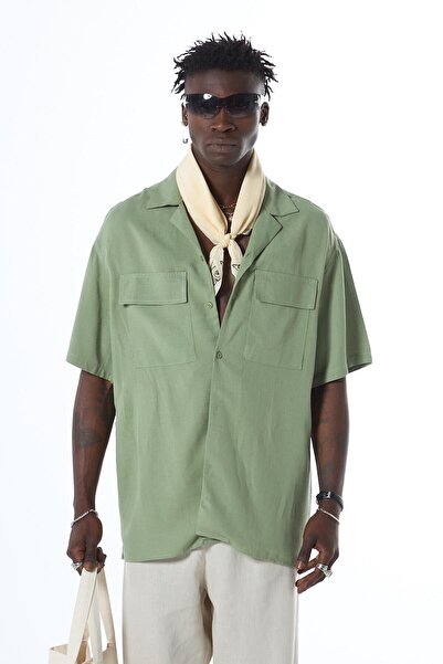 VAMOSCLO Oversize Διπλή Τσέπη Κοντό Μανίκι Λινό Πουκάμισο Χακί
