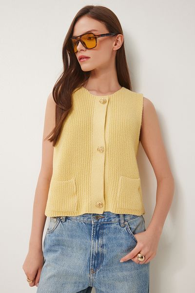 Lovelyİstanbul Stylish Buttoned Knitwear Vest Yellow Lus0127