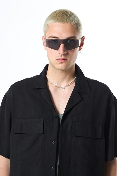 VAMOSCLO oversized Λινό πουκάμισο με κοντό μανίκι με διπλή τσέπη μαύρο