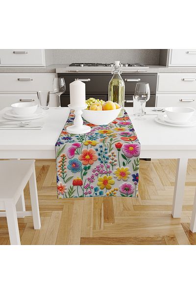 Filamente Digital Printed Runner - Spring Flower Pattern - Embroidery Look - 140X40 cm
