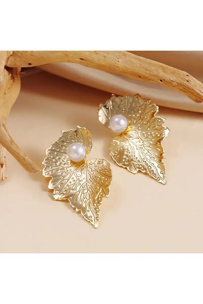 HDCreativeDesign 1 Pair of Elegant Gold-Tone Leaf Design Pearl Earrings, Textured Stainless Steel Earrings