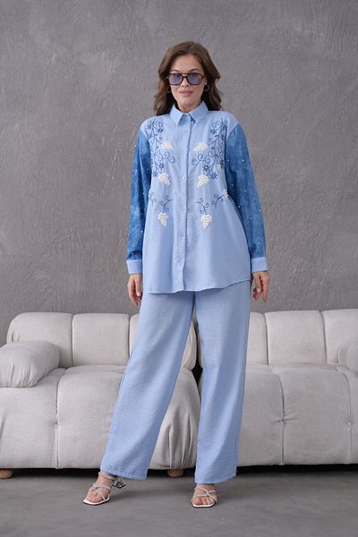 Miss Allos Women's Sleeves Denim Front Embroidered Pearl Detailed Linen Shirt and Pants Bottom Top Set