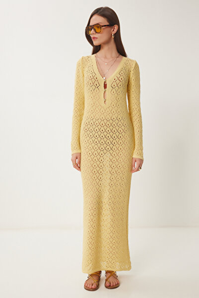 Lovelyİstanbul Boncuk Detaylı Ajurlu Yazlık Triko Elbise SARI LKİ0029