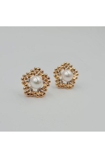 SE Jewellery Collection Selin Ersoy Pearl and Zircon Stone Detailed Flower Earrings – Rose Gold Xuping, Non-Tarnishing, Elegant and Sparkling (1.4 X 1.4 cm)