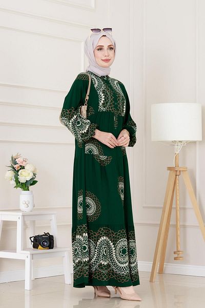 Sevitli Nare Dress with Bat Sleeve Robe-Green
