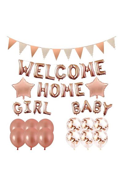 Flippy Set Baloane WELCOME HOME Baby Girl, 16 piese, 12 baloane latex, 2 baloane folie, 1 Banner, Rose gold