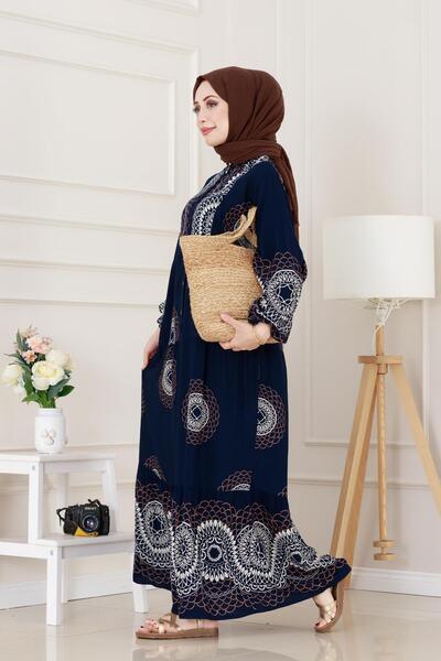 Sevitli Nare Dress with Bat Sleeve Robe - Navy Blue