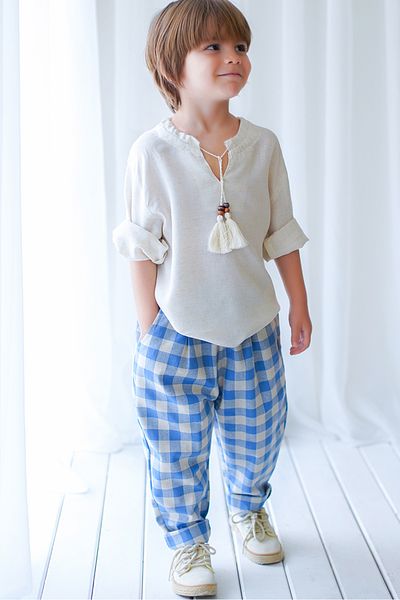 Catz Kids Carrot Trousers Blue Cream Plaid Linen