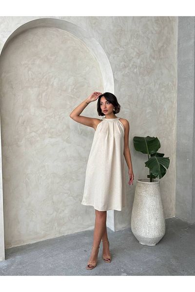 ÇEÇİM Halter Neck Double Pocket Sleeveless Loose Dress Zyn-58781
