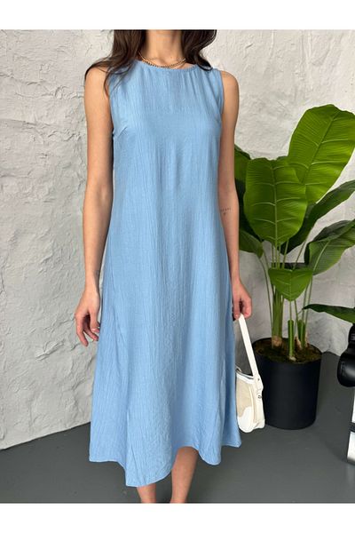 Elif Özbey Butik Μπλε φόρεμα μίντι με λεπτομέρεια ραφής στα πλαϊνά