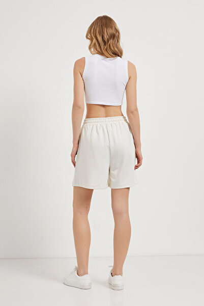Arma Life Kadın Beli Lastikli Bol Baggy Ekru Mini Şort